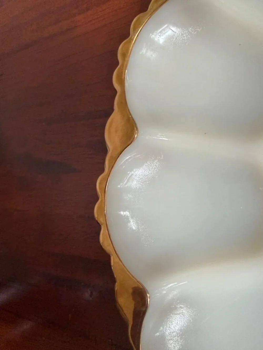Milk Glass Deviled Egg Plate, 22 KT Gold Trim, 10